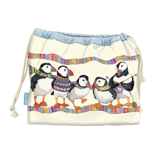 Knitting Puffins Drawstring Bag by Emma Ball