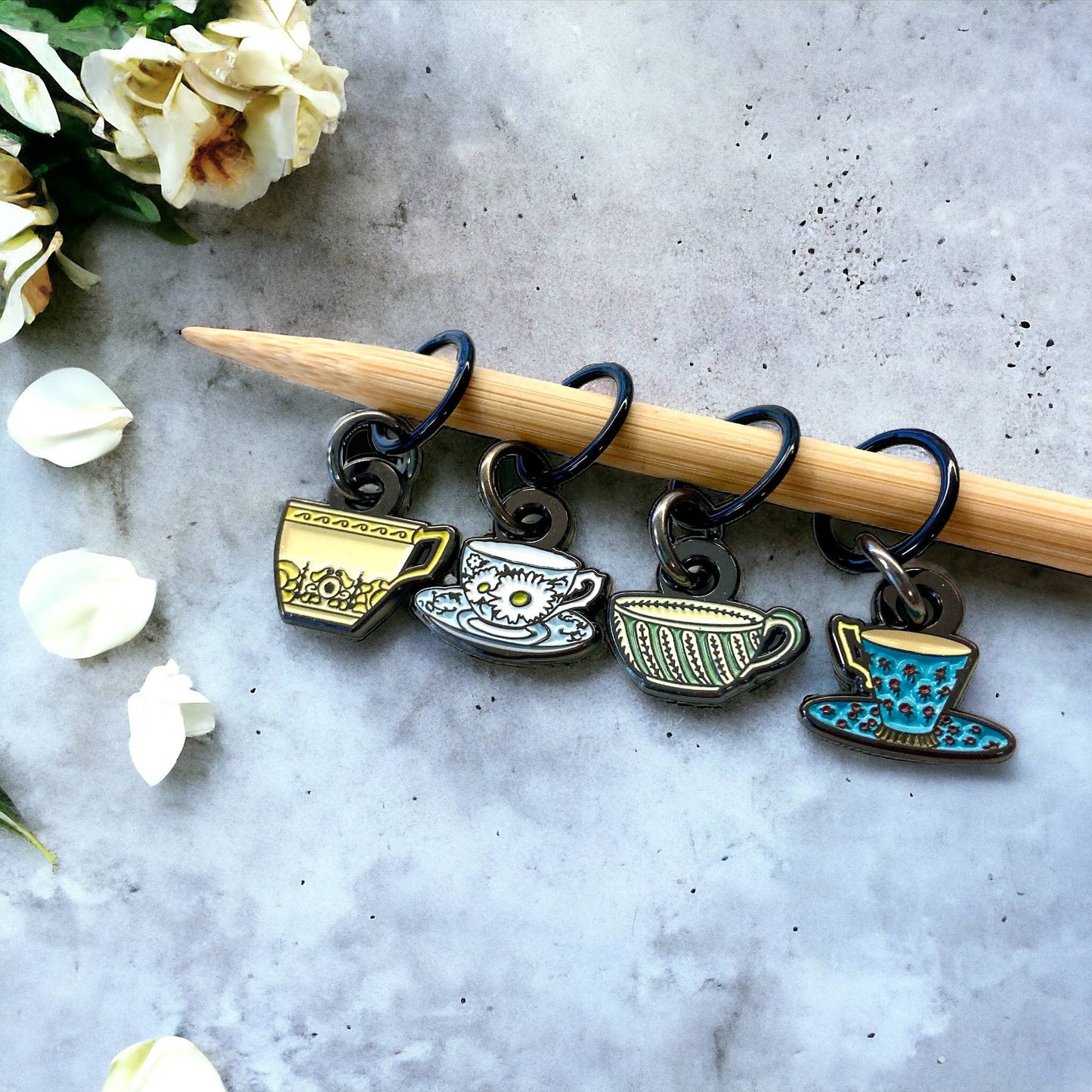 Tea set knitting stitch markers by Firefly Notes