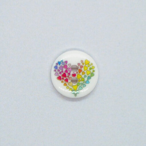 Novelty Round White Button with colourful heart 15mm